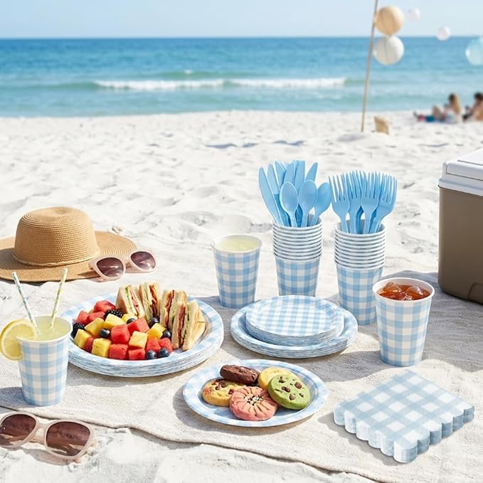 LINHAXM 175 PCS Blue Gingham Party Supplies for 25 Guests Includes Light Blue Gingham Paper Plates, Cups, Napkins, Cutlery for Dinner Wedding Bridal Shower Birthday Baby Shower Party Decorations