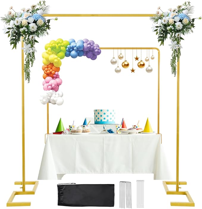 8.2FT x 8FT Backdrop Stand Heavy Duty with Base, Gold Portable Adjustable Pipe and Drape Backdrop Stand Kit, Over The Table Rod Stand with Clamps, Square Metal Arch Party Frame for Birthday Decor