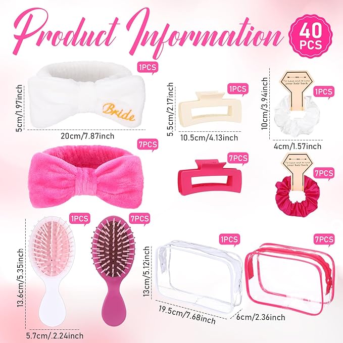 40 Pcs Bachelorette Favor Set Include Headband Scrunchies Hair Claw Clips Hairbrush and Makeup Bag for Bridal Shower Party Gifts Bridesmaid Wedding Supplies(White and Rose Red)