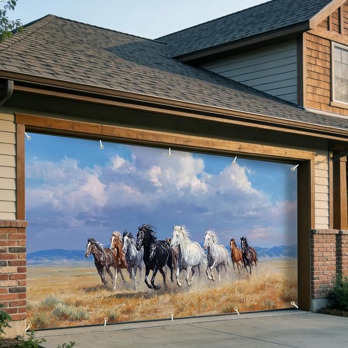 Wild Horse Garage Door Banner Cover 7x16FT Waterproof –Western Running Horses Painting Backdrop,Outdoor Decor for Cowboy Party,Western Theme Birthday,Wild West Events & Photo Booth