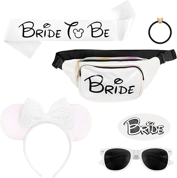Mouse Ears Set - Bride Accessories - Bachelorette Party Favors - Bride Bachelorette Outfit Accessories to Match Bachelorette Outfit for Bride - Magic Kingdom (Black/White Bride, 1)