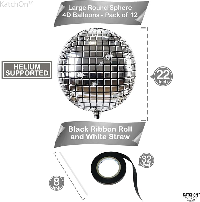 KatchOn, Silver Disco Ball Balloons - 22 Inch, Pack of 12 | Disco Party Decorations | 4D Sphere Disco Balloons for 70s Theme Party Decor, Bachelorette Party Decoration, Graduation Decorations 2026