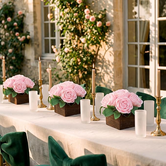 Dining Table Centerpiece Set of 6 - Pre-Made Aritifial Rose with Wooden Vase Fake Floral Arrangment Faux Flower for Wedding Bridal Tea Party Event Decorations - Pink