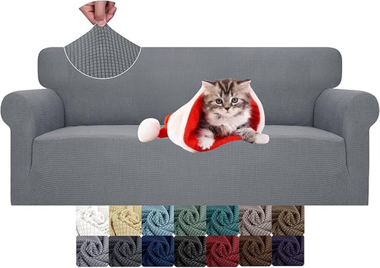 JIVINER High Stretch Couch Covers for 3 Cushion Couch 1-Piece Jacquard Sofa Slipcovers Fitted Washable Sofa Covers with Elastic Bottom Furniture Protector for Kids Pets (Sofa, Light Gray)