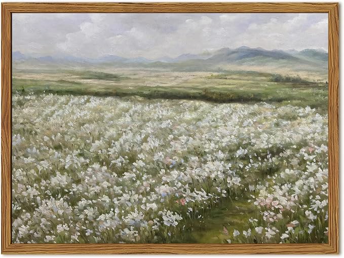 Framed Vintage Landscape Wall Art, Country Wildflower Field Pictures Wall Decor, Rustic Nature Flower Paintings Canvas Prints Farmhouse Home Decor for Living Room Bedroom Bathroom 8x10 inch