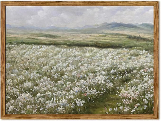 Framed Vintage Landscape Wall Art, Country Wildflower Field Pictures Wall Decor, Rustic Nature Flower Paintings Canvas Prints Farmhouse Home Decor for Living Room Bedroom Bathroom 12x16 inch