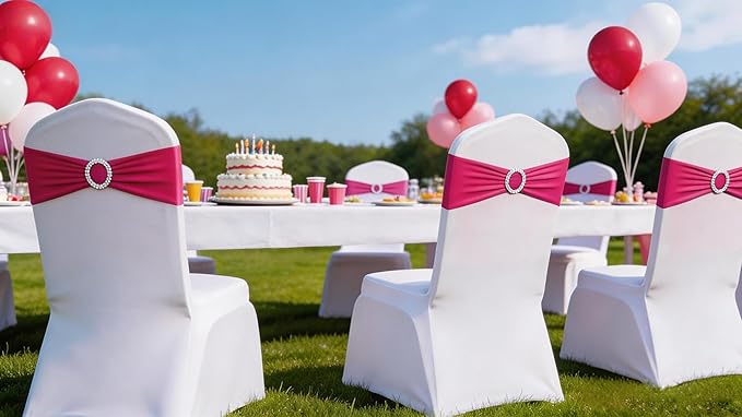 100 Pack Spandex Hot Pink Chair Sashes for Wedding - Stretch Fuchsia Chair Bows Sash Bands with Buckle for Party Birthday Banquets Bridal Baby Shower Events Decorations