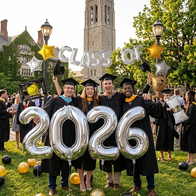 65 PCS Congrats Grad Balloons Kit, Class of 2026 Graduation Party Decorations Black Gold Silver Foil Balloons with Congrats Mylar Balloons Celebration Supplies for High School College Graduation