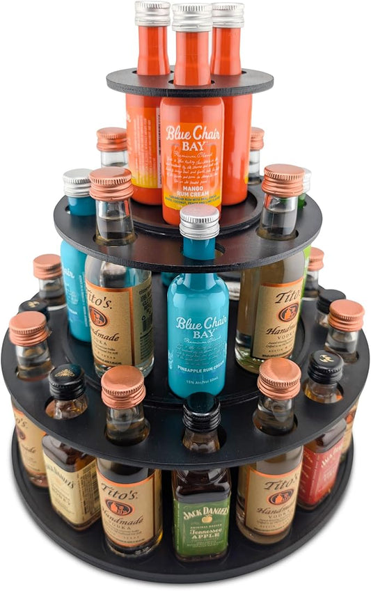 Party Display for Mini Liquor Bottles | 21st Birthday Holiday Celebration Decoration Centerpiece (Three Tier, Black)