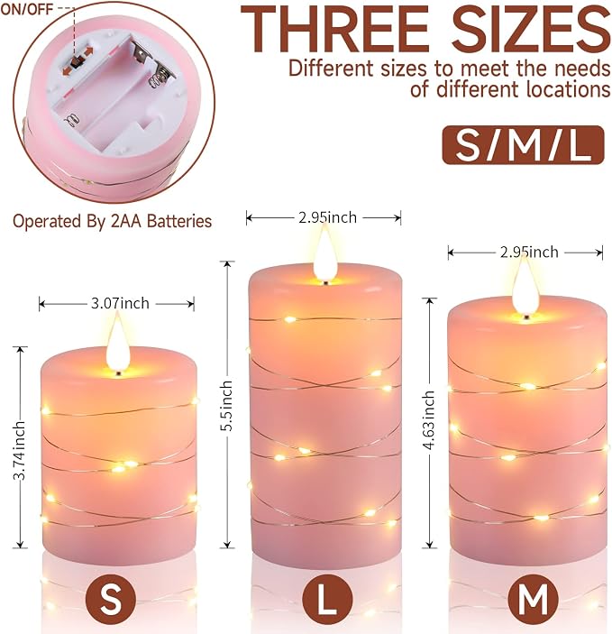 Da by 3 Pack Pink Real Wax Flameless Taper Candles, Lifelike Flickering LED Flame Candles with Surrounding Fairy String Lights, Soft Warm Battery Candles with Remote for Home Wedding Party Decor