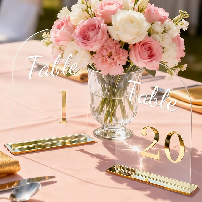 Wedding Table Numbers 1-20 with Stands 3D Gold Number 5.5” x 7” Arch Transparent Acrylic Signs with Holder Clear Acrylic Table Numbers for Wedding Reception Anniversary Party Events