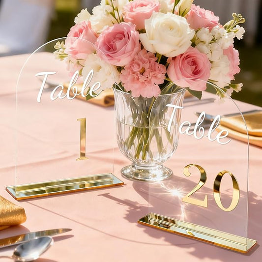 Wedding Table Numbers 1-20 with Stands 3D Gold Number 5.5” x 7” Arch Transparent Acrylic Signs with Holder Clear Acrylic Table Numbers for Wedding Reception Anniversary Party Events
