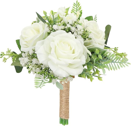Wedding Bouquets for Bride Bridesmaid, Ivory Rose Artificial Bridesmaids Bouquets 7 Inch Floral Greenery Bouquet for Wedding Bridal Shower Marriage Proposal Decor