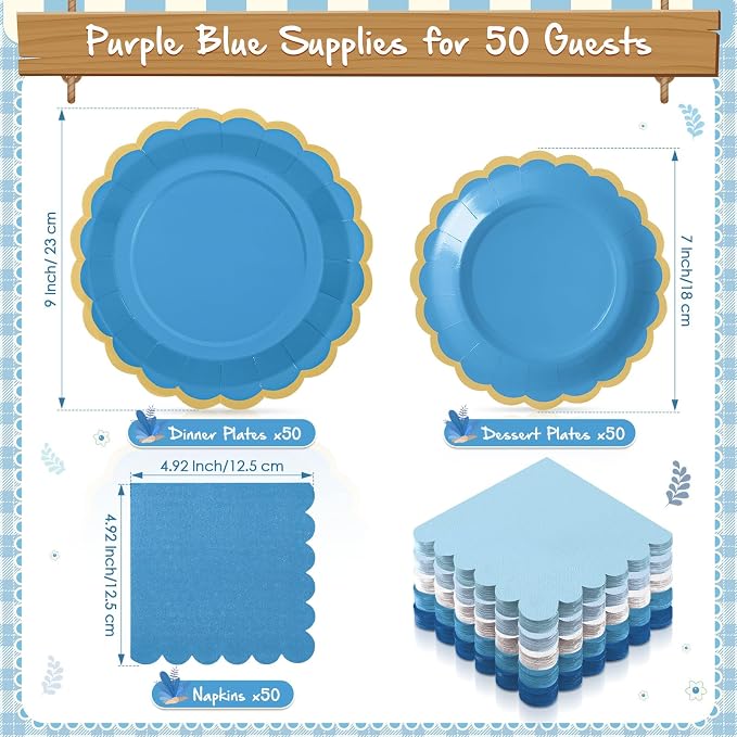 Zhehao 150 Pcs Blue Plates and Napkins Tableware Serves 50 Includes 9 Inch 7 Inch Blue Scalloped Paper Plate and Napkins for Ocean Sea Wedding Birthday Baby Shower Party