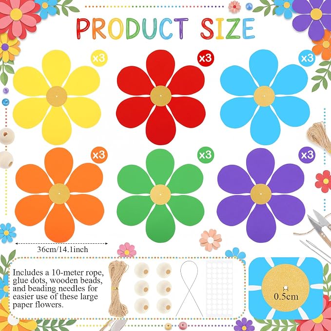 Jetec 6 Pack DIY 14inch Hanging Flowers Large Floral Party Decorations 3D Colorful Paper Flower Hanging Decoration for Spring Wedding Birthday Easter Nursery Classroom Office Ceiling Decor