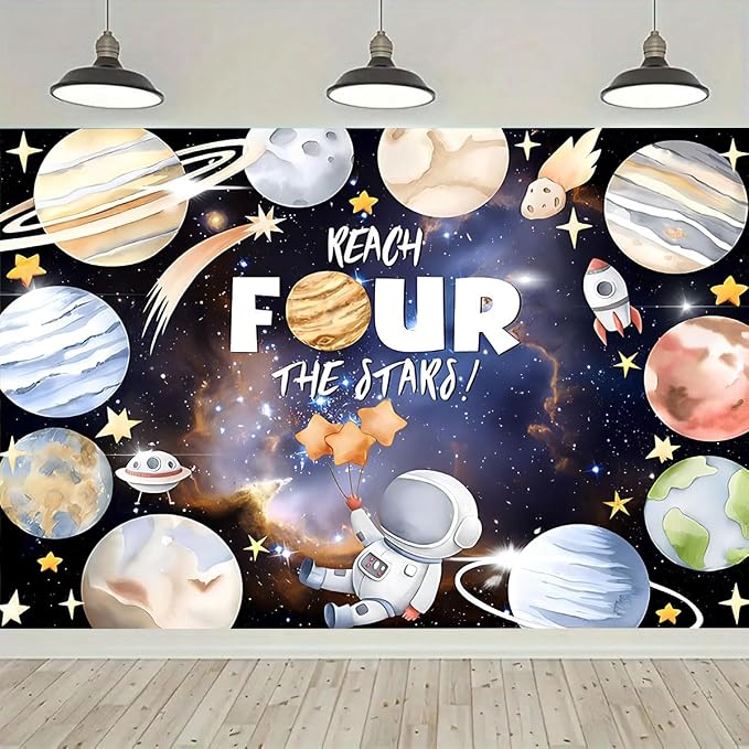 Reach Four The Stars Space Theme Children Birthday Backdrop 4th Birthday Party Kids Astronaut Themed Birthday Party Decoration Boy Girl Birthday Photography Decorations Banner (6X4FT)