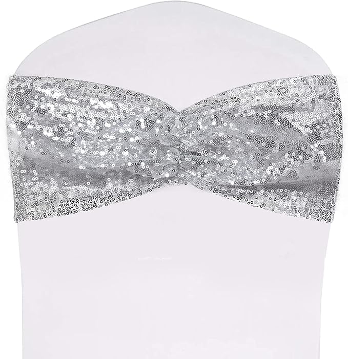 SquarePie Sequin Chair Sashes 30 Pack - Silver Decorative Sashes Bands for Wedding Party Decoration, Seuqin Fabric Bow for Banquet Reception Chairs