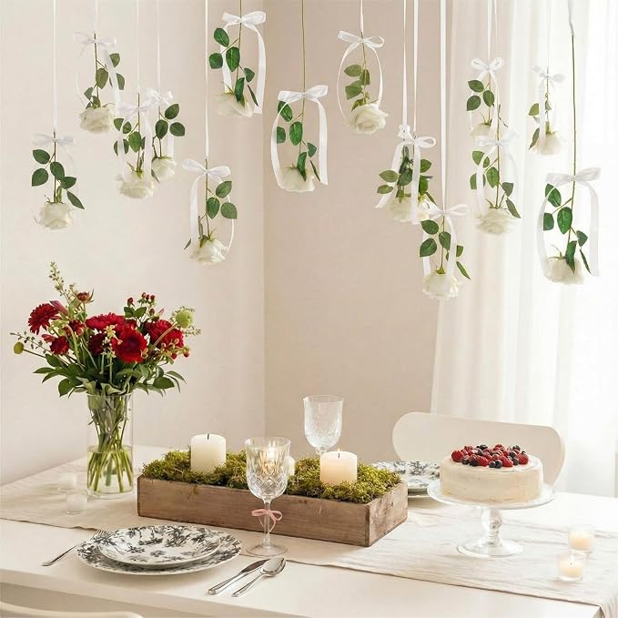 Sliner 25 Pcs Artificial Rose Flowers Hanging Decorations, Dangling Flowers Garland with Hooks Spring Party Decorations Hanging Flower Ceiling Decoration for Wedding Party Spring Home Birthday(White)