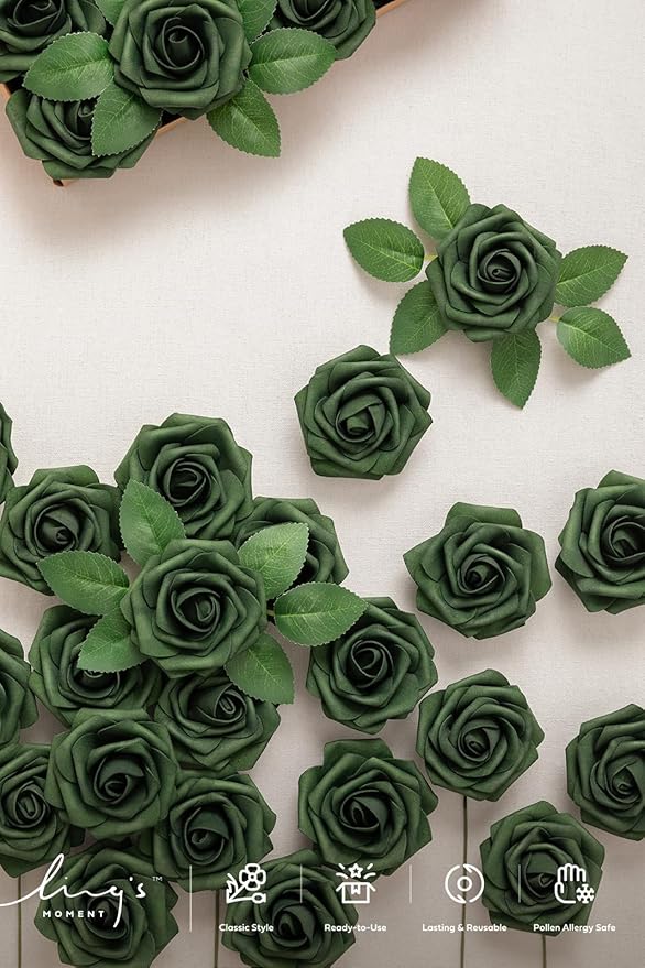 Ling's moment Artificial Flowers 25Pcs Emerald Green Roses Decor w/Stems,3" DIY Foam Floral for Wedding Bouquet/Centerpieces, Outdoors Party Backdrop, Room/Table, and Garden/Pot Decorations