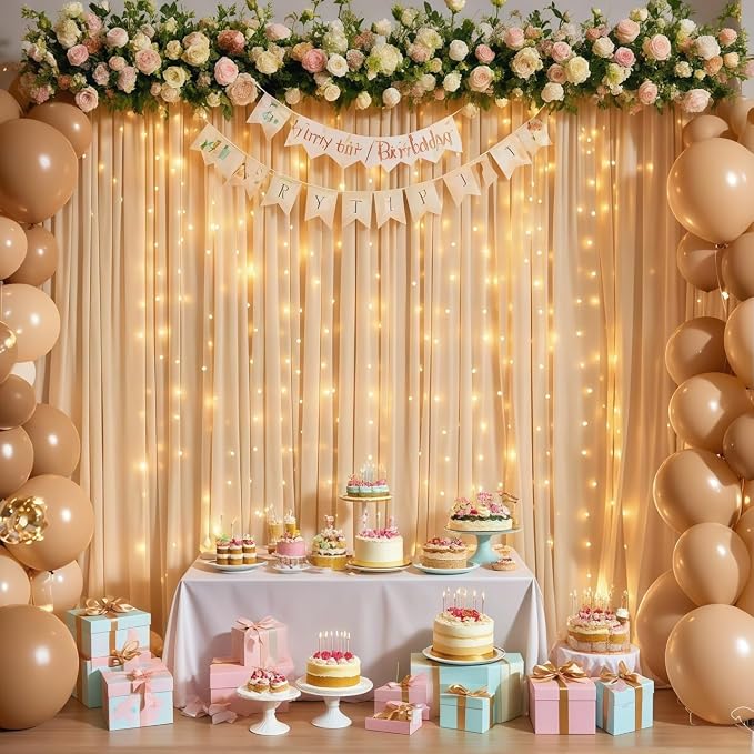Dark Champagne Backdrop Curtains with Lights for Parties,10x10FT Wrinkle Free Polyester Wedding Photo Backdrop Curtains for Baby Shower Birthday Ceremony Reception Home Party Decorations-5ft x 10ft