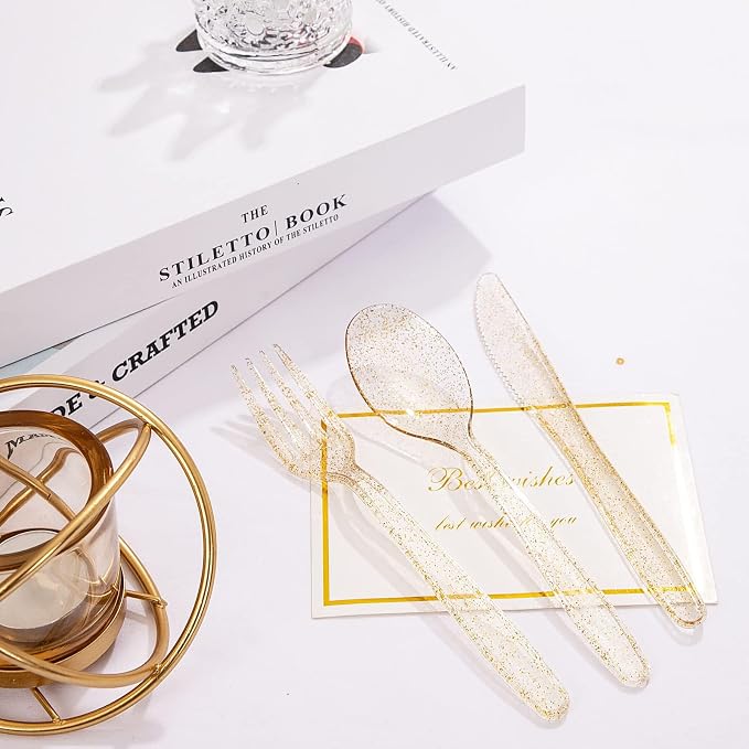 WDF 360 Gold Plastic Silverware - Disposable Gold Glitter Cutlery - Plastic Silverware inluding 120Forks, 120 Spoons, 120 Knives for Wedding Baby Shower Spring Birthday