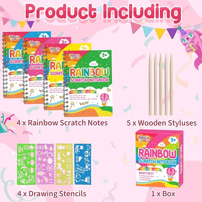 Scratch Paper Art Party Favors for Kids: 4 Pack Rainbow Scratch Notebook, Goodie Bags Stuffers Coloring Books Party Favors for Kids 3-12, Bulk Classroom Birthday Gifts for Student