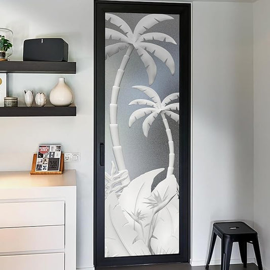 Faux 3D Frosted Tropical Window Privacy Film for Glass Door and Window， 16.93"x78.74" 3D-Coconut Trees