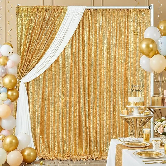 B-COOL Gold Sequin Backdrop Curtains 2 Packs 3.3ftx8ft Gold Sparkle Backdrop Fabric Glitter Background Drapes for Party Ceremony Wedding Birthday Decoration