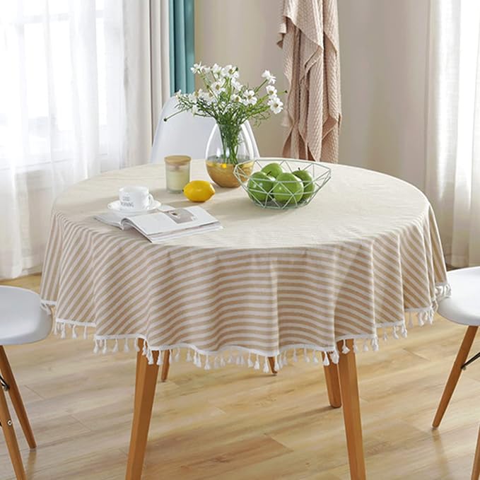 meioro Round Tablecloth Stripe Tassel Table Cloth Cotton Blend Dust-Proof Table Cover for Dining Circle Coffee Side End Card Tables, Parties Holiday Indoor Outdoor Use (Beige Stripes, 39 Inch)