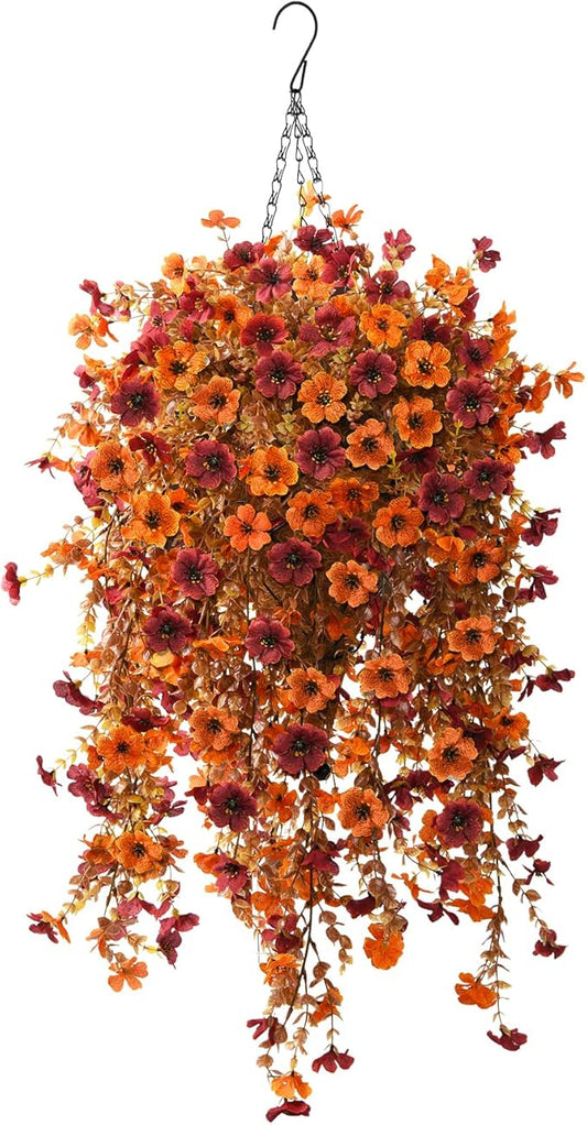 Homsunny Fall Artificial Fake Mums Hanging Flowers Plants Basket for Outdoor Decoration,Faux Silk Daisy planters UV Resistant Look Real for Home Porch Patio Balcony Yard Autumn Decor (Orange Brown)