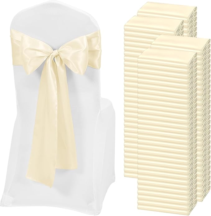 120 PCS Ivory Satin Chair Sashes, Ties Bows Designed Chairs Decorative, Chair Cover Sashes for Thanksgiving Wedding Christmas Banquet Party Home Kitchen Decoration (7 x 108 inch)