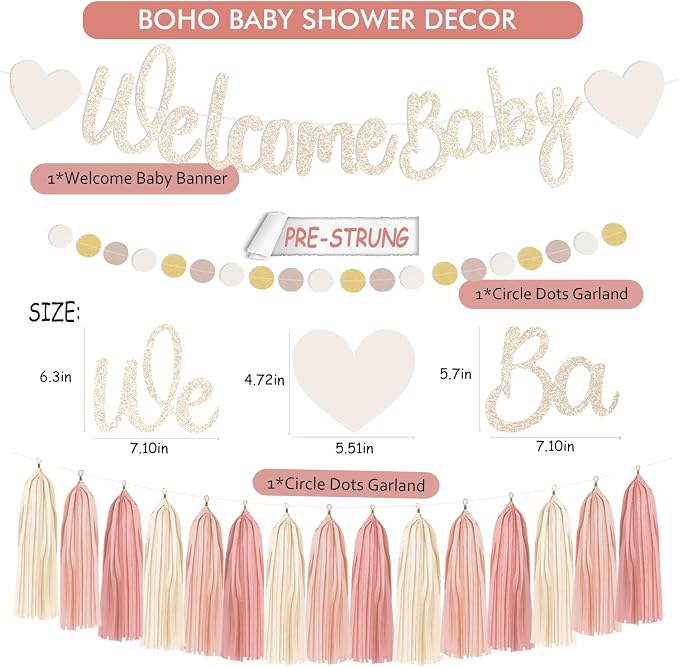 Dusty Pink Boho Baby Shower Party-Decorations Beige Champagne Girl Welcome Baby Banner Décor With Honeycomb Balls Paper Flowers Lanterns Pompom Fans Hanging Swirls Tassel Garland Party Backdrop