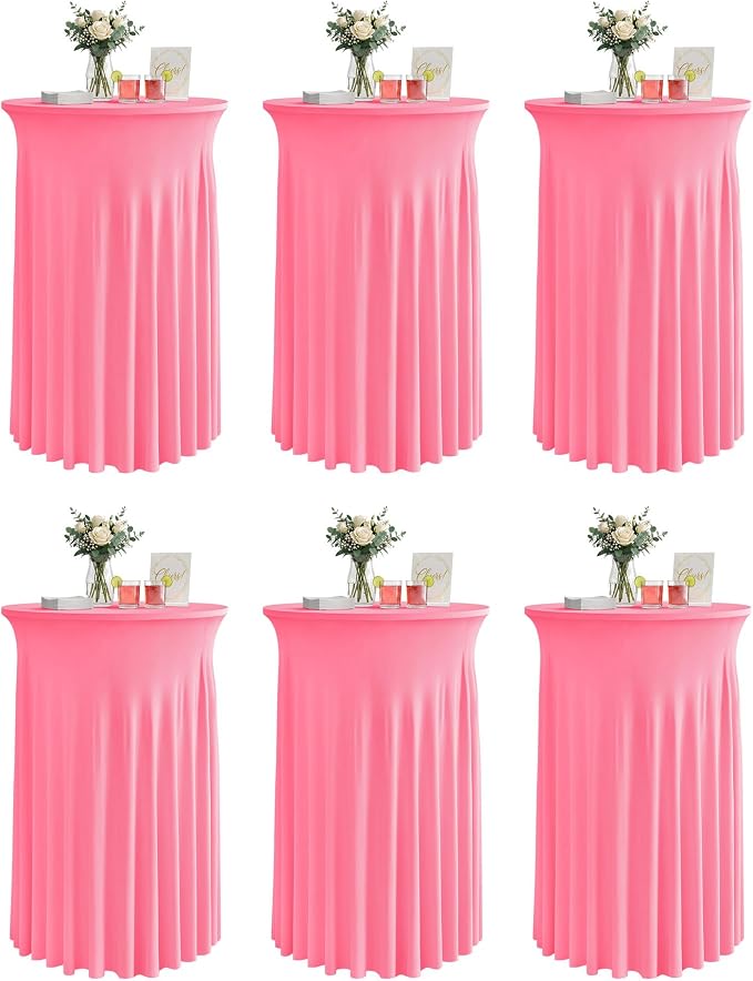 KeyWave Cocktail Table Tablecloth with Skirts - 32x43 Inch Wavy Spandex High Top Cocktail Table Covers, Ruffle Drape Highboy Tablecloth Reusable for Party Wedding Cake Standing Table, Pink, 6 Pack