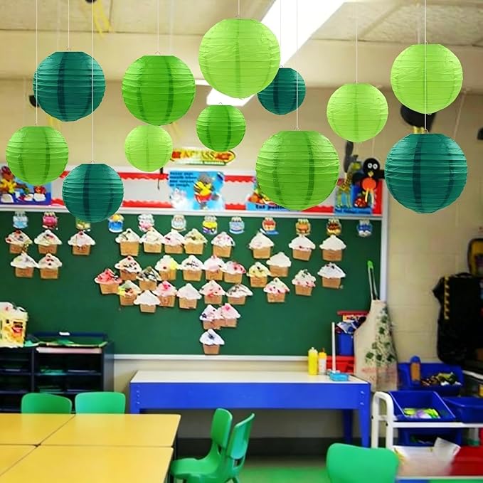 CC wonderland zone 12pcs Green Paper Lanterns,Round Hanging Paper Lampshade for Baby Shower Forest St. Patrick's Day Party Decoration