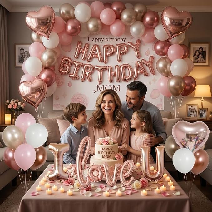 Birthday Room Decorations for Women, Happy Birthday Hotel Room Decorations for Her with Rose Gold Balloons, LOVE Balloon, LED Candle Lights, Rose Petals, Girlfriend Pink Birthday Decorations Set