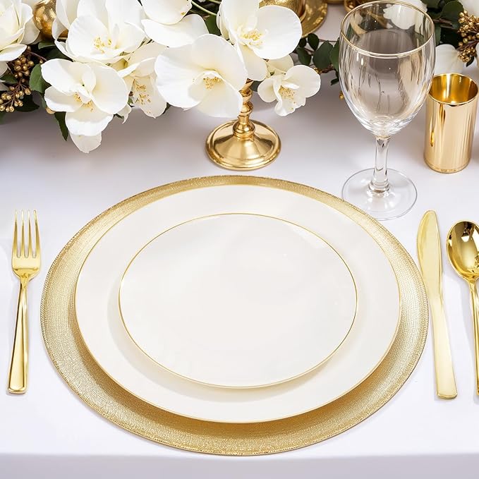 Nervure 100Pcs Ivory and Gold Plastic Plates - 7.5inch Disposable Ivory Dessert/Salad Plates - Heavy Duty Plastic Plate Ideal for Wedding & Party & Mothers Day