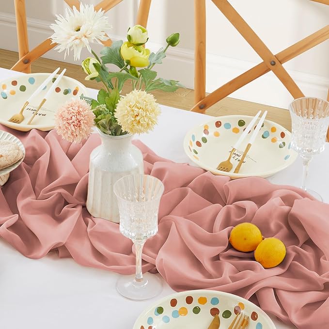 Horbaunal 12 Pack Dusty Rose Chiffon Table Runners 10FT Sheer Chiffon Runner 29x120 Inches Romantic Boho Rustic Table Runner for Wedding Party Bridal Baby Shower Table Decorations