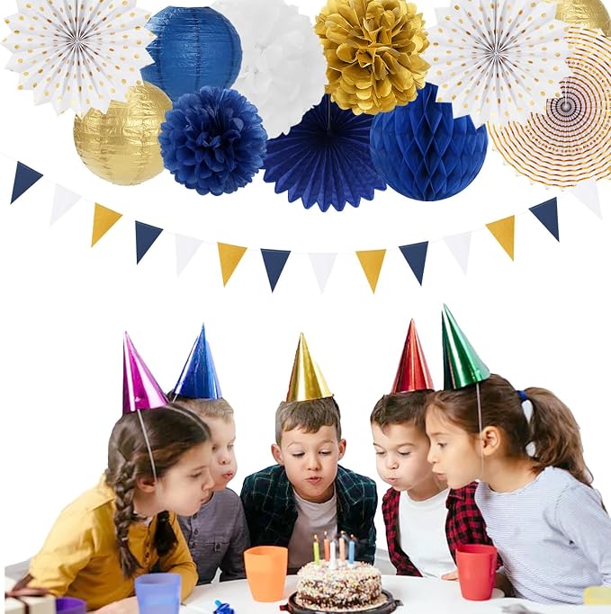 Navy-Blue White Gold Party-Decorations - 20pcs Graduation 2026 Paper Lanterns Fans,Tissue Pom Poms,Honeycomb Ball,Birthday Bridal Celebration Bachelorette Baby Shower Wedding Homecoming Decor Burgleda
