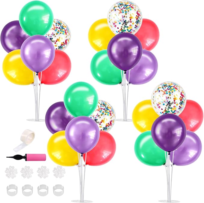 TONIFUL 4 Set Metallic Purple Teal Yellow Balloon Centerpieces for Table,Balloon Stand Kit for Kid Party Decor,Birthday Decorations Anniversary Magic Engagement Party Decoration