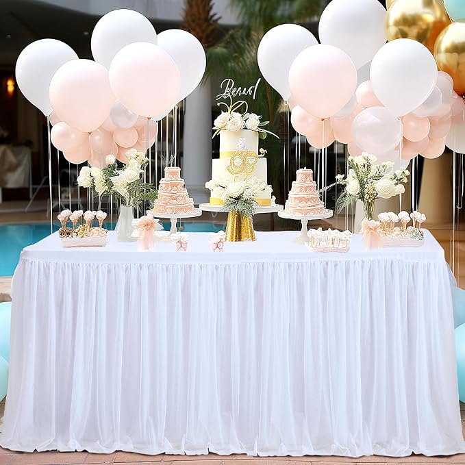 6 Pack White Tulle Tablecloth Table Skirt for 6 Foot Rectangle Tables, Wedding Table Cloths Ruffle Tutu Table Skirt Stretch Fitted Table Covers for Parties Birthdays Baby Shower Celebration Banquet