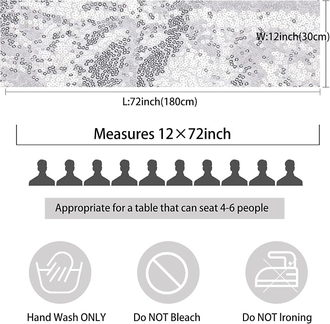 12 Packs 12 X 72 Inch Silver Sequin Table Runner Glitter Dining Table Runner for Birthday Wedding Engagement Bridal Baby Shower Bachelorette Holiday Celebration Party Supplies Decorations (Silver)