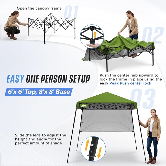 EAGLE PEAK 8x8 Pop Up Canopy Tent with Sidewall, Compact, Portable Slant Leg Instant Sun Shelter for Beach, Sports, & Camping, 8x8 Base 6x6 Top, Grass Green