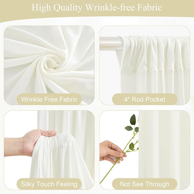 Cream White Backdrop Curtains with Lights for Wedding Parties,10x10FT Wrinkle Free Photo Backdrop Curtains Fabric Drapes for Baby Shower Ceremony Photography Photoshoot Decorations-5ft x 10ft 2 Panels