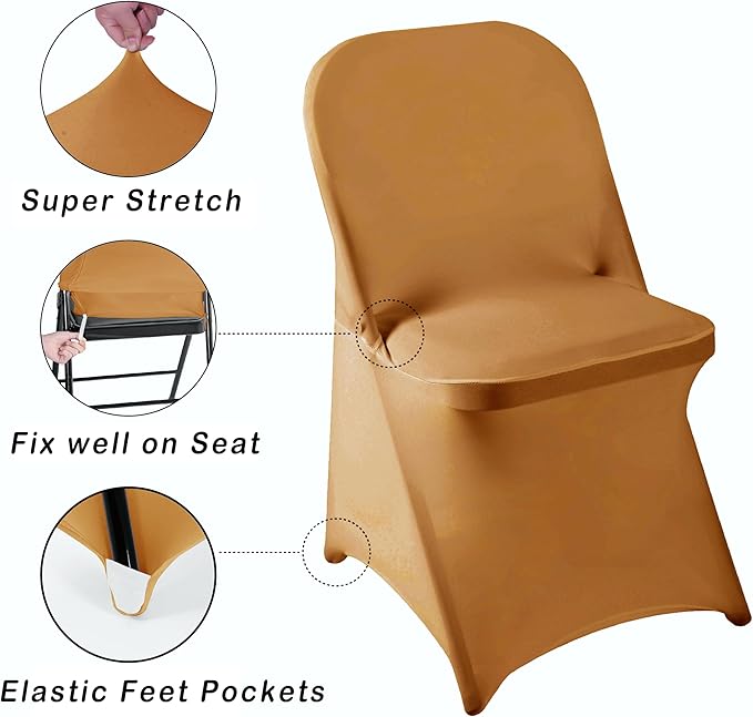 12 PCS Waterproof Stretch Spandex Folding Chair Covers, Dining Room Chair Slipcovers Protector for Wedding, Banquet, Party, Holidays, Celebration and Decoration（Gold）
