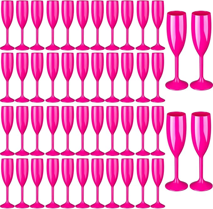 48pcs Pink Champagne Flutes,6OZ Acrylic Champagne Glasses Plastic Goblets Wine Mimosa Glasses Wedding Toasting Shatterproof Reusable Vintage Champagne Flute Drinking Cups for Bridal Christmas Party