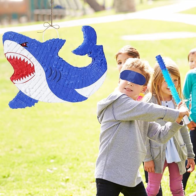 WERNNSAI Shark Piñata - Ocean Shark Birthday Party Decorations Kids Boys Piñata with Blindfold and Bat for Under the Sea Party Supplies Baby Shower Birthday Game Set