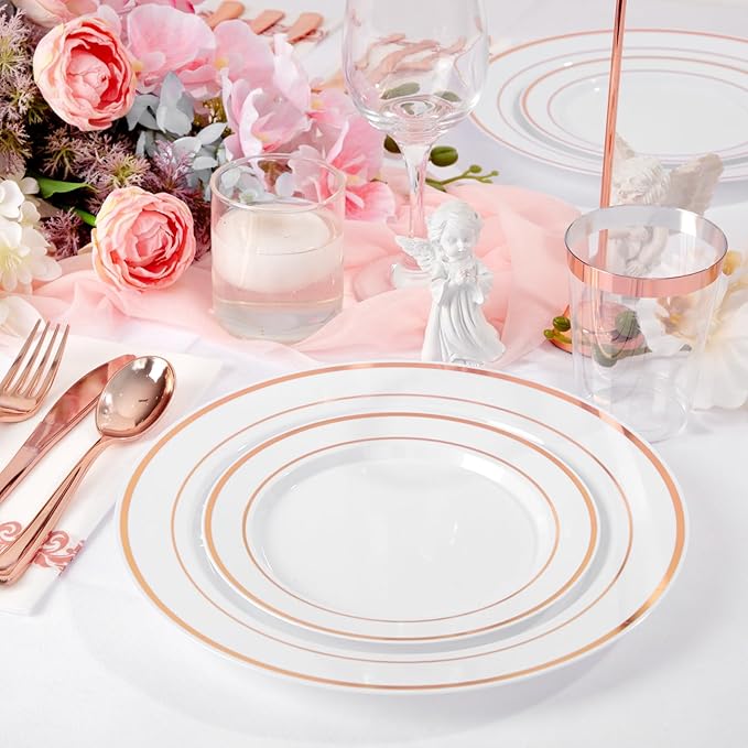 Supernal 400pcs Rose Gold Plastic Plates Disaposable Heavy Duty included Disposable Utensils& Plastic Party Plates Disaposable Party Cups and Napkins Sets for Valentine's Day Mother's Day and Easter