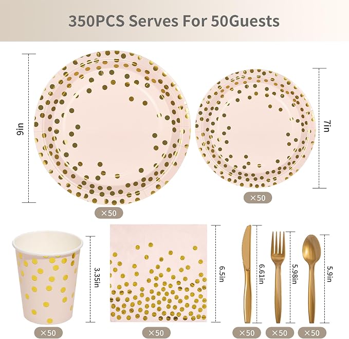 Goodlluck 350PCS Pink Gold Foil Polka Dot Disposable Party Tableware Set, 50 Guests | 9" & 7" Golden Dot Disposable Paper Plates, 9oz Cups, Napkins & Gold Cutlery for Birthday, Wedding & Baby Shower