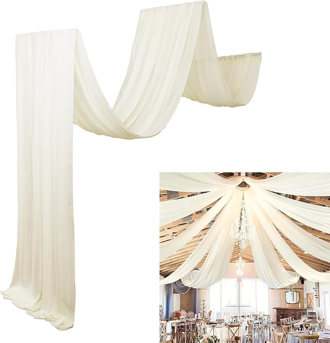 DUOBAO Ivory Ceiling Drapes Sheer Backdrop Curtains 6 Panels 5ftx20ft Reception Halls Drapeing Banquet Room Curtain with Rod Pocket for Wedding Birthday Stage Decoration