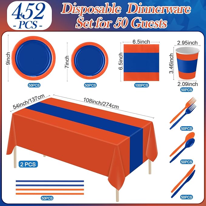 Funnymoom 452 Pcs Blue and Orange Party Supplies for 50 Guest, Blue Orange Paper Plates Cups Napkins Tablecloth Cutlery Straw Tableware Set for Graduation Birthday Retirement Wedding Party Decoration